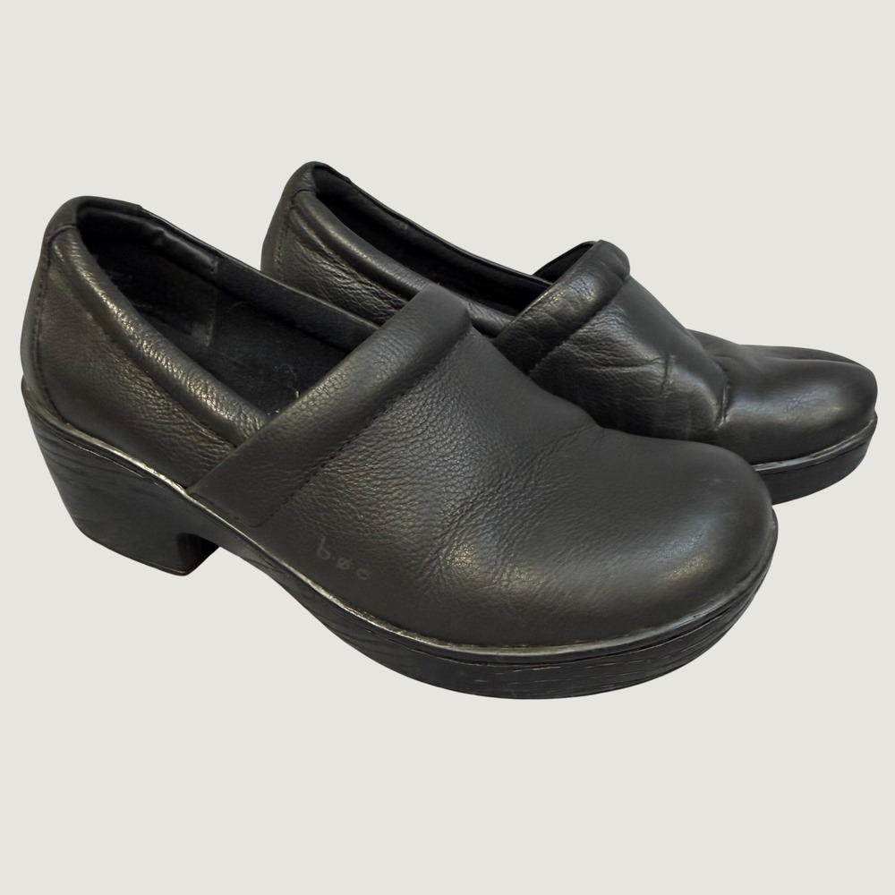 b.o.c. Born Concept Womens Black Leather Clogs Slip On Block Heel Shoes Size 9